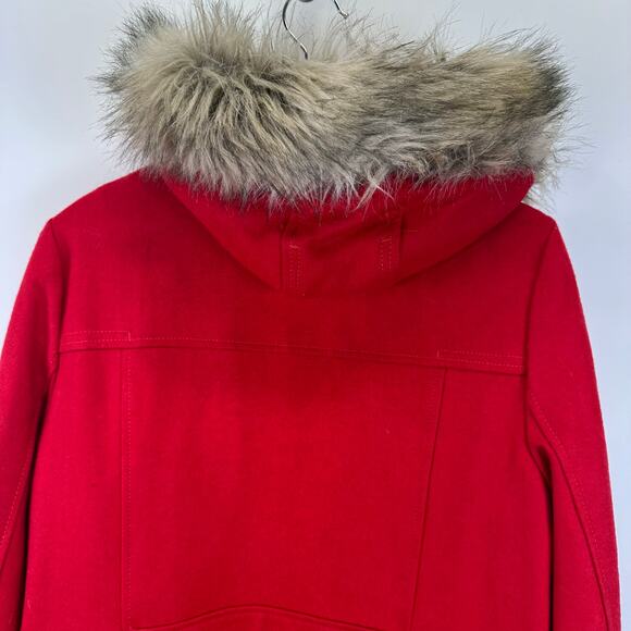 American Eagle Wool Blend Red Fur Hood Toggle Button Pea Coat Womens Large - Picture 10 of 16